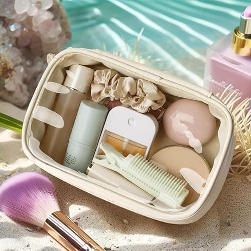Pocmimut Makeup Bag,Small Makeup Bag TSA Approved Clear Toiletry Bag,Makeup Case Pouches Car Accessories Storage for Women,Travel Essentials Organizers,Beige thumbnail 2