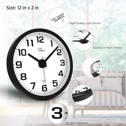 WallarGe Night Light Wall Clock for Bedroom - Silent Lighted up Wall Clock Glow in The Dark, Battery Operated for Living Room/Kitchen, Easy to Read Large Digital Display, 12 Inch - Black - 12inch thumbnail 7