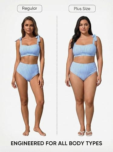 Herseas Women's Tie Shoulder Bikini Sets 2 Piece Striped Swimsuits High Waisted Bathing Suits thumbnail 5