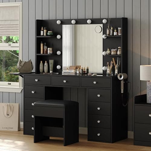 11 Dawers Vanity Desk, Makeup Vanity with Power Outlet, Glass Top Vanity with Mirror and Lights, 3 Colors Adjustable, Vanity Set with 4 Shelves and Fold-up Panel, Vanity with Chair for Bedroom, Black thumbnail 3