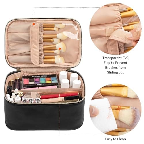 OCHEAL Makeup Bag, Portable Cosmetic Bag, Large Capacity Travel Makeup Case Organizer, Black For Women Toiletry Bag for Girls Traveling With Handle and Divider - 001_Black thumbnail 2