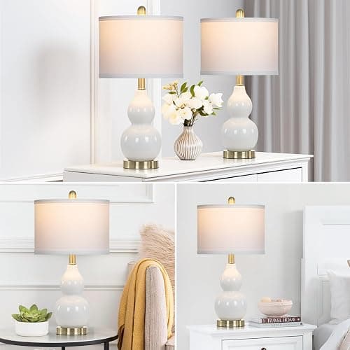 Rinweey Double Gourd Ceramic Table Lamps Set of 2, Modern White Bedside Lamps for Night Stand, Contemporary Nightstand Lamps for Bedroom Living Room (Bulb Included) thumbnail 7