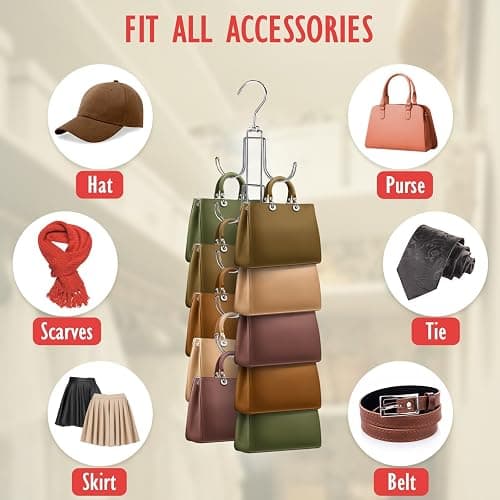 Purse Organizer for Closet, Upgraded Purse Hanger with 10 Big Hooks, 360 Degree Rotation for Better Organizer&Display, Collapsible Space Saving Hangers Rack for Handbag, Belt, Scarve, Tie thumbnail 6