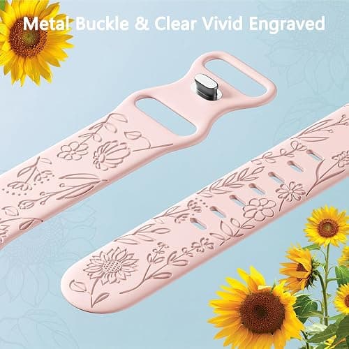 SNBLK 6 Pack Floral Engraved Bands Compatible with Apple Watch Bands for Women & Men, Soft Silicone Cute Flower Pattern Sport Strap for iWatch Series 1-10, Ultra, SE thumbnail 3