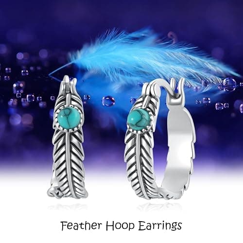Feather Hoop Earrings 925 Sterling Silver Turquoise Earrings Western Jewelry Feather Gifts for Women thumbnail 6