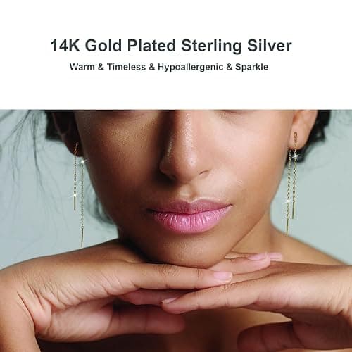 14K Gold Plated 925 Sterling Silver Threader Chain Dangle Earrings for Women,Hypoallergenic and Versaltile Minimalist Everyday Earrings 2 Pairs (2.4" / 4.8") thumbnail 2