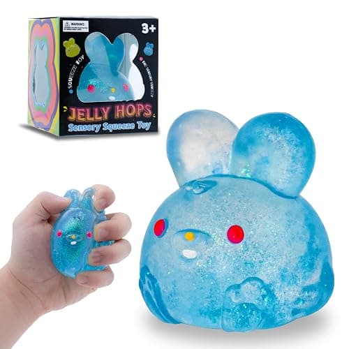 Stress Relief Blue Glitter Bunny Squeeze Toy - Jelly Hops Sensory Squishy Fidget Toy, Anxiety Calming Soft Jelly Ball for Kids & Adults, ADHD Autism - Image 1