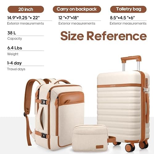 UKEIN Luggage Sets 3 Piece, Carry On Luggage 20In With Spinner Wheels,PC Hardside Suitcase Set with TSA Lock,Durable Carry On Suitcase With Travel Backpack for Men (Beige, 3 piece set (20inch)) thumbnail 8