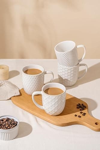 FOBENTA Ceramic Coffee Mugs Set of 4, 12oz Embossed Cups with Elegant Patterns – A Thoughtful Gift for Women, Mom, or Friends,Perfect for Tea, Latte, Cocoa (Arctic White, 12 OZ) thumbnail 8