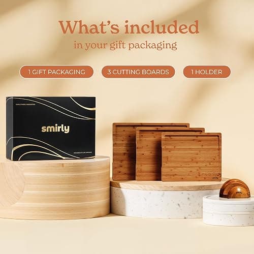 SMIRLY Wood Cutting Boards for Kitchen Wooden Chopping Board Set Reversible with Deep Juice Grooves Grip Handles, Large Charcuterie Tray, New Apartment Essentials, Carbonized Bamboo, 3Pcs with Holder thumbnail 9