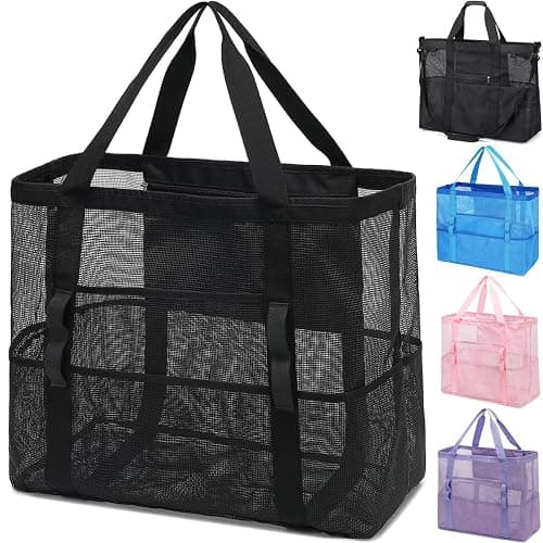 Fammart Mesh Beach Bag, Large Beach Tote with Zipper Pocket, Toys Pool Bag for Family Travel Vacation Cruise Essentials - Image 1