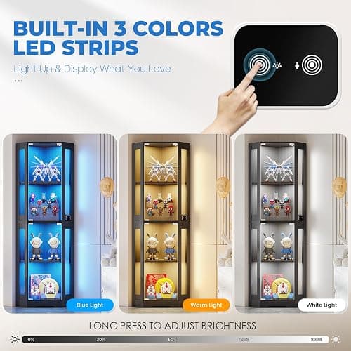 BROTTAR 65" Corner Glass Display Cabinet with LED Lights, 4-Tier Showcase Display Case with Glass Doors & Human Body Sensor for Collectibles, Liquor, Black thumbnail 3