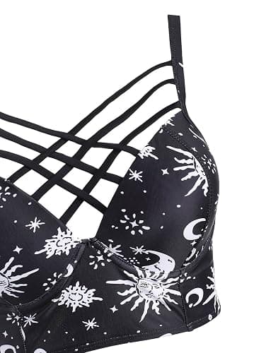 JMSUN Women's Bikini Summer Bathing Suit Sun Star Moon Lattice High Waisted Tankini Swimsuit thumbnail 4
