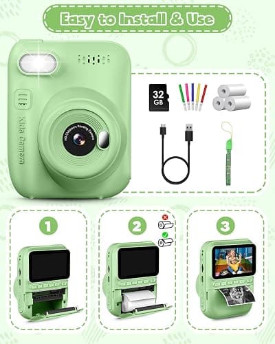 Kids Instant Print Camera, 3.0-inch HD Screen 32MP Photo Instant Digital Camera Christmas Birthday Gifts Toys for Children Girls Boys Age 3-12 - Green thumbnail 7