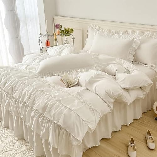 IHOUSTRIY Ruffle Duvet Cover Queen Size,100% Washed Microfiber 3pcs Bedding Duvet Cover Set, Shabby Chic Farmhouse Duvet Cover and Pillow Shams, Zipper Closure & Corner Ties, Easy Care, White - Queen thumbnail 6