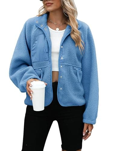 Yanekop Womens Fleece Jacket Fuzzy Long Sleeve Short Winter Coats Button Down Sherpa Jacket Outerwear with Pockets - Image 1