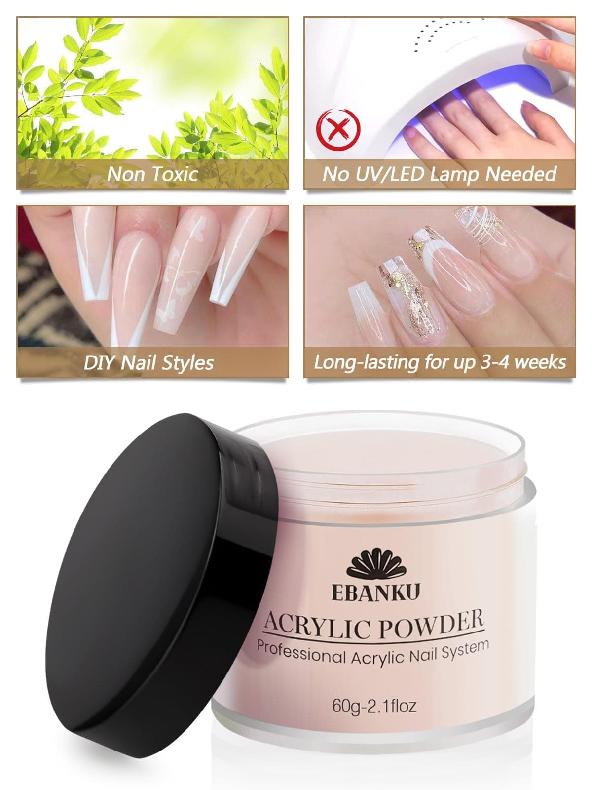Kalolary Nude Pink Acrylic Powder, 2 * 60g/2.1oz Acrylic Powder Large Capacity Professional Acrylic Nail Powder for Nail Acrylic Extension, Nail Carving, Long-Lasting, No Nail Lamp Needed thumbnail 6