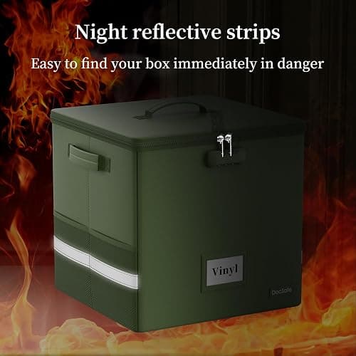 DocSafe Vinyl Record Storage Box with Lock, Fireproof＆Water Resistant Record Organizer for 100+ Single Records(12-inch), Collapsible Storage Crate with Lid&Handles for Valuable Album Collection,Green thumbnail 9