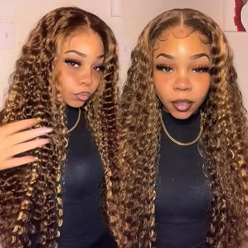 ZZMDS 28 Inch 13x6 Highlight Ombre Deep Wave Lace Front Wigs Human Hair Pre Plucked #4/27 Colored Glueless Wigs Water Wave Honey Blonde Curly Lace Frontal Wigs Human Hair for Women thumbnail 2
