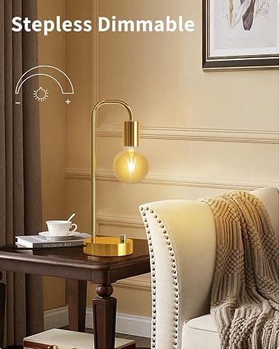 ONEWISH Industrial Table Lamp with 2 USB Port, Stepless Dimmable Nightstand Bedside Lamps for Bedroom,Desk Lamps with 2700K Gold Gradient Bulb for Reading Living Room thumbnail 3