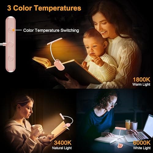 Gritin Rechargeable Book Light for Reading in Bed with 19 LED &Memory Function-Eye Caring 3 Color Temperatures,5 Brightness Levels,80 Hrs Runtime Flexible Goose Neck Clip on Light-Pink thumbnail 3