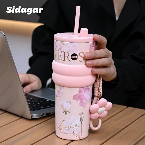 Sidagar 24 oz Stainless Steel Tumbler with Lid and Straw, Insulated Coffee Mug, Leak Proof, Portable Iced Travel Water Bottle, Reusable Thermal Coffee Cup, Floral Pink thumbnail 2
