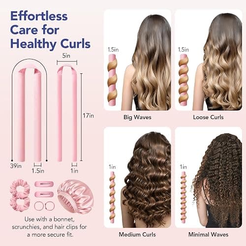 LitBear Heatless Curls Overnight, 2 Sizes of Soft Hair Rollers for Women with Bonnet to Sleep In, No Heat Hair Curlers Set with Scrunchies and Clips, for Long and Medium Hair (Pink) thumbnail 3