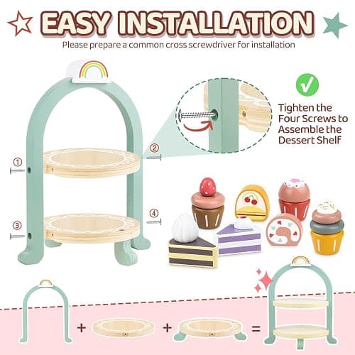 Airlab Wooden Cake Toys Tea Party Set for Little Girls Boys Pretend Play Kids Kitchen Accessories Desserts Food Toy with Cupcake Stand Toddler Gift for 3 4 5 Years Old thumbnail 6