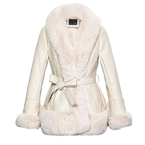 AOWITH Faux Leather Jacket for Women with Faux Fur Collar Long Sleeve Parka with Pockets Warm Winter Coat with Belt - XX-Large - Apricot - Image 1