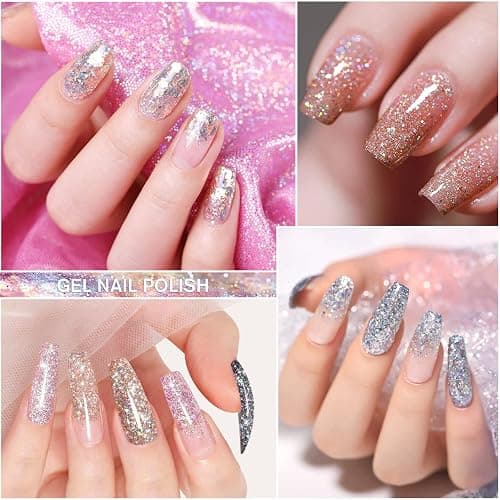 Shining She Vernis Semi Permanent Paillettes, 6 Couleurs Paillettes Blanc Argenté Noir Or Rose Vernis à Ongles Gel Soak Off UV/LED Semi-permanent Manucure Kit Pour Salon De Manucure DIY Home, 8ml - Paillettes thumbnail 6