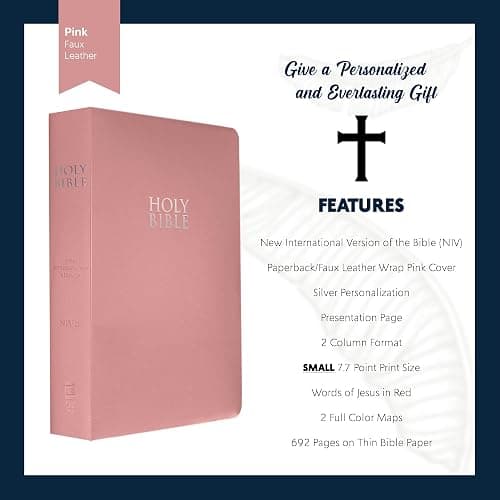 MerchSalad Personalized NIV Bible New International Version Faux Leather Holy Bible with Custom Name SMALL PRINT with Red-Highlighted Verses, Custom Gift for Christian & Religious Celebrations | Pink thumbnail 7