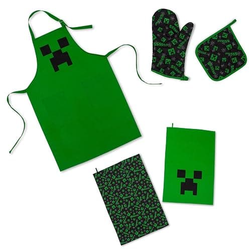 Minecraft Green Creeper Kitchen Set | Apron, Oven Mitt, Dish Towels, Pot Holder - Image 1