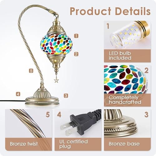 Yarra-Decor Turkish Moroccan Lamp with Bronze Base 3-Way Color Changing Handmade Swan Neck Tiffany Mosaic Glass Bedside Lamps for Bedroom (LED Bulb Included) (Colorful3) thumbnail 3