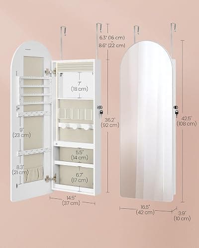 SONGMICS Wide Jewelry Organizer, LED Jewelry Cabinet Wall/Door Mounted, Arched Mirror with Storage, Lockable, Rounded Corner, Interior Mirror, 3.9 x 16.5 x 42.5 Inches, Cloud White UJJC020W01 thumbnail 2