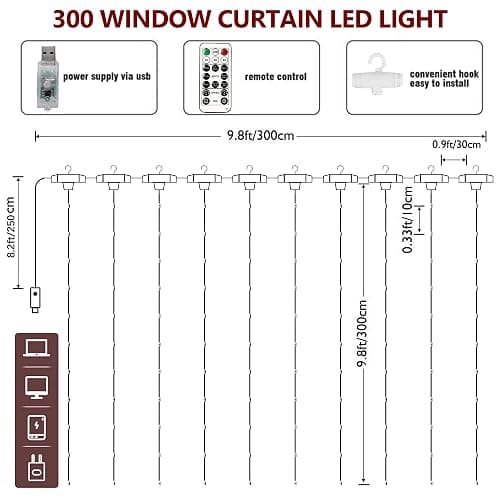 HOME LIGHTING Window Curtain String Lights, 300 LED 8 Lighting Modes Fairy Copper Light with Remote, USB Powered for Halloween Christmas Bedroom Party Wedding Home Garden Wall Decorations, Purple thumbnail 6