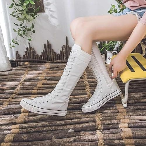 Women's Canvas Boots Lace Up Knee High Platform Boots for Women Comfort Sneakers Canvas Shoes with Side Zipper thumbnail 3