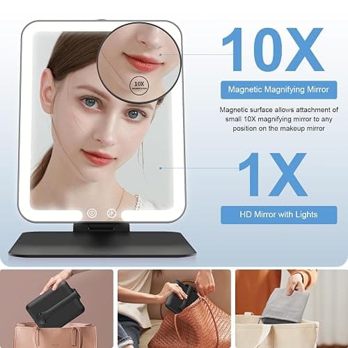 Gospire Travel Makeup Mirror with Lights and Magnification 10X, Portable Make Up Compact Tabletop with Adjustable Stand, 3 Colored Light Rechargeable Lighted LED Cosmetic Vanity- Black thumbnail 5