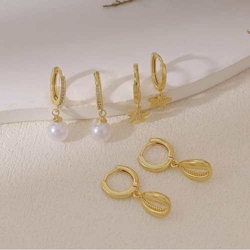 SELFROSE Gold Earrings For Women, Dainty Huggie Earrings Stack 14K Gold Plated Pearl Dangle Earrings for Women Trendy Cute Hypoallergenic Unique Gold Earring Stack Fashion Gold Jewelry Gifts thumbnail 7