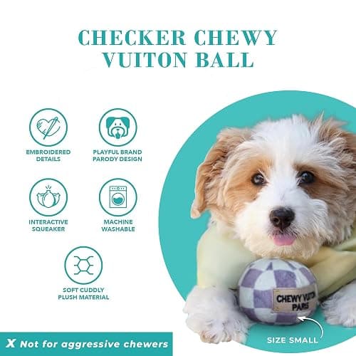 Haute Diggity Dog Checker Chewy Vuiton Ball, Plush Designer Dog Toys with Interactive Squeaker, Stimulating Pet Enrichment, Machine-Washable & Safe Materials for All Breeds, Size Small thumbnail 3