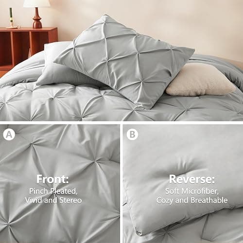 CozyLux Full Size Comforter Sets Light Grey, 7 Pieces Pintuck Bed in A Bag Gray Comforter Full Size, Pinch Pleat Bedding Sets with All Season Comforter, Sheets, Pillowcases & Shams thumbnail 3