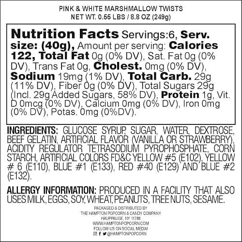 The Hampton Candy Company Pink & White Marshmallow Twists, 8.8 Oz. Bag, Pink Candy, Bulk Marshmallows, Docile sold by The Hampton Candy Company - 8.8 Ounce - Pink & White thumbnail 2