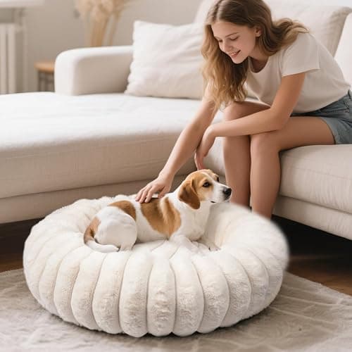 Vhen When Donut Dog and Cat Bed, Luxurious Comfortable Faux Rabbit Fur Pet Beds, Round Anti-Anxiety Calming Puppy Kitten Bed with Anti-Slip Bottom for Small Medium Dogs & Cats(20", White) thumbnail 9