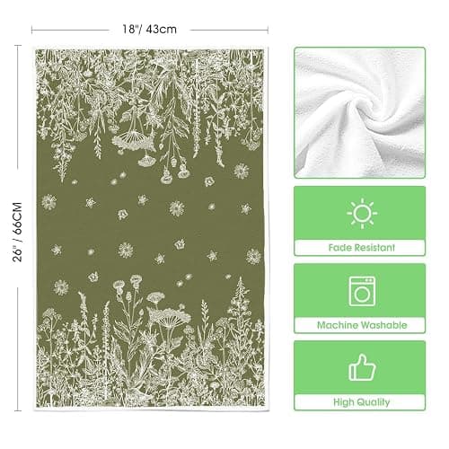 Artoid Mode Green Antique Herbs Wild Flowers Leaves Spring Kitchen Towels Dish Towels, 18x26 Inch Seasonal Decoration Hand Towels Set of 2 thumbnail 3