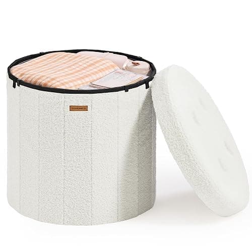 SONGMICS Mazie Collection - Round Storage Ottoman, Folding Footrest Stool with Removable Lid, Easy Assembly, Teddy Fleece Vanity Stool for Bedroom, Living Room, Entryway, Cream White ULSF606W01 - Image 1