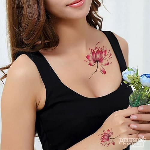 Pink Lotus Flowers Temporary Tattoo Set - Small Floral Cute Realistic Waterproof Transfer Sticker Arm Body Art Men Women Kids - By Delusion Tattoos thumbnail 4
