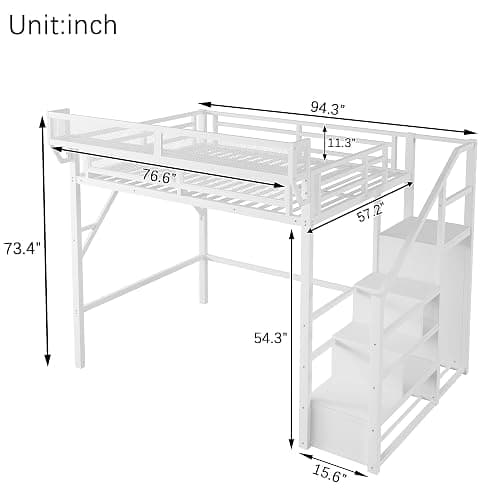 KEIKI Full Size Metal Loft Bed Frame with Convertible Staircase, Built-in Storage Shelves & Wardrobe, Loft Bed with Solid Slats & Guardrail, No Box Spring Required, Easy Assembly, for Bedroom, White thumbnail 2