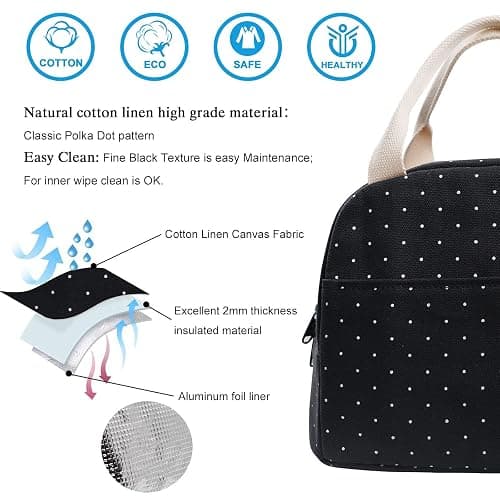 EurCross Upgraded Compact Black Lunch Bag for Girls Women,Canvas Reusable Insulated Polka Dot Lunch Tote Box Bag for Work School thumbnail 5