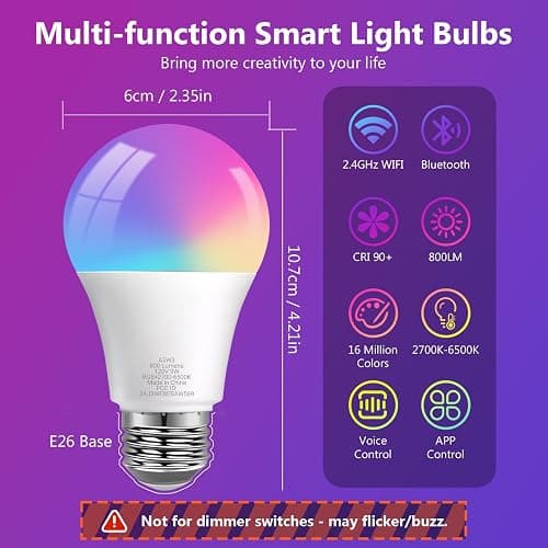 DAYBETTER Smart Light Bulbs, Smart Bulb Compatible with Alexa & Google Home, A19 E26 2.4G WiFi Bluetooth Alexa Light Bulbs, RGBCW Color Changing LED Light Bulb, 60W Equivalent, 800LM, 10Pack thumbnail 4