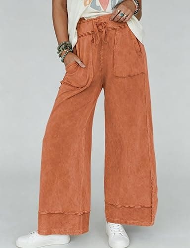 Athlisan Womens Casual Wide Leg Sweatpants Acid Wash Elastic Waisted Palazzo Pants Trousers with Pockets thumbnail 2