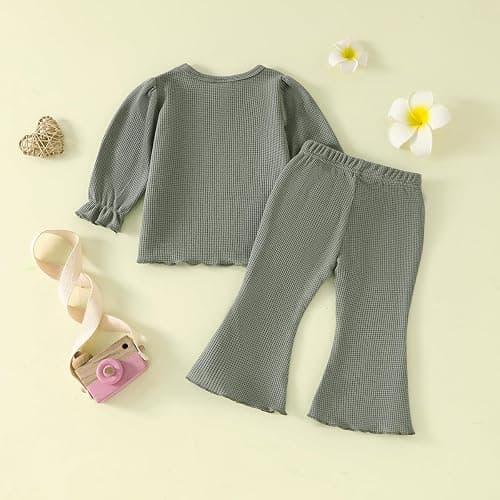 Koecnoc Toddler Girl Fall Outfits 2-piece Baby Lantern Sleeve Shirt and Flared Pant Clothes Set Waffle Clothing for Girls thumbnail 3